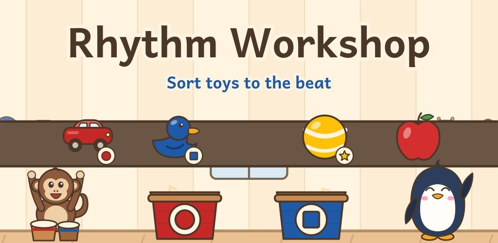 Rhythm Workshop: Milo the monkey, Pip the penguin, toys on a conveyor belt and red and blue sorting boxes